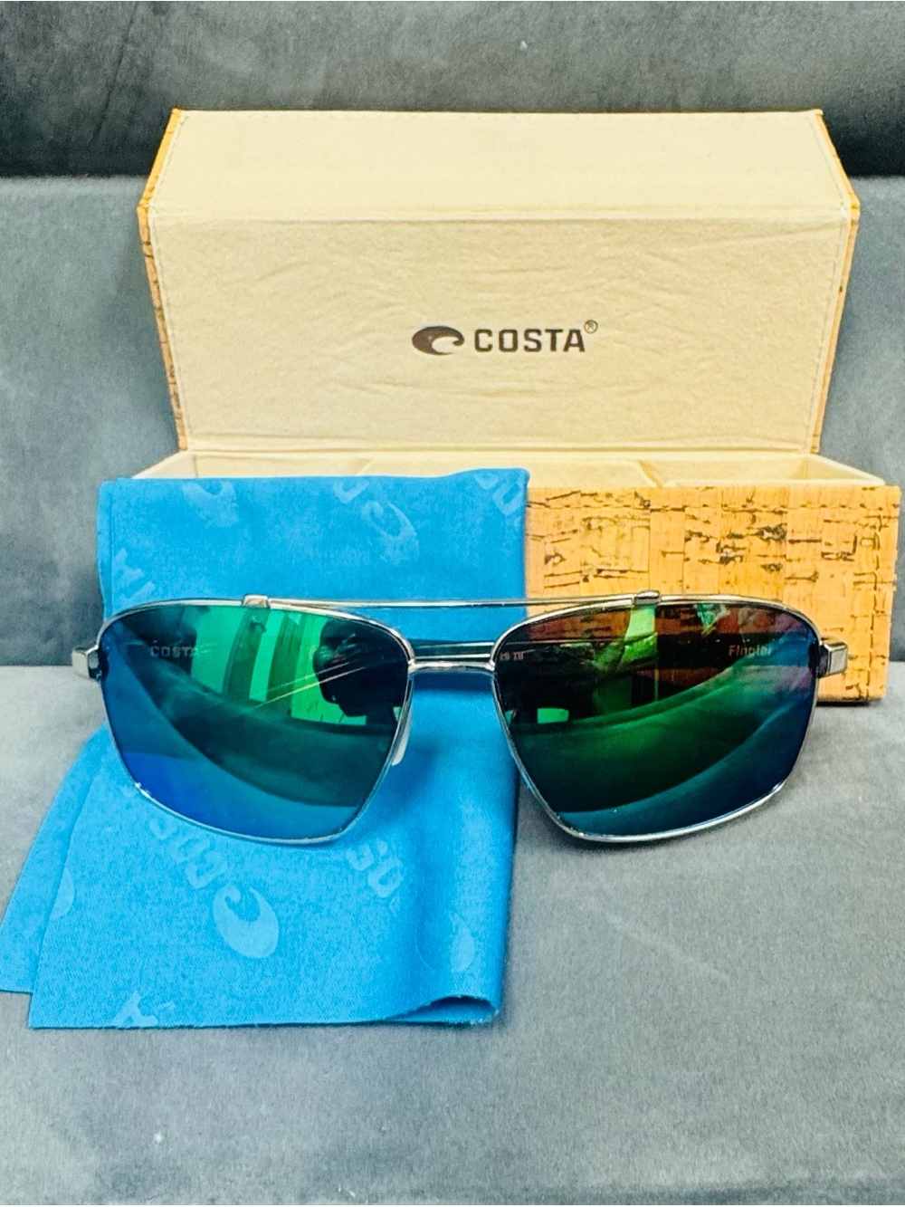 Costa Flagler Silver Frame Sunglasses with Green Polarized Mirrored Lenses
